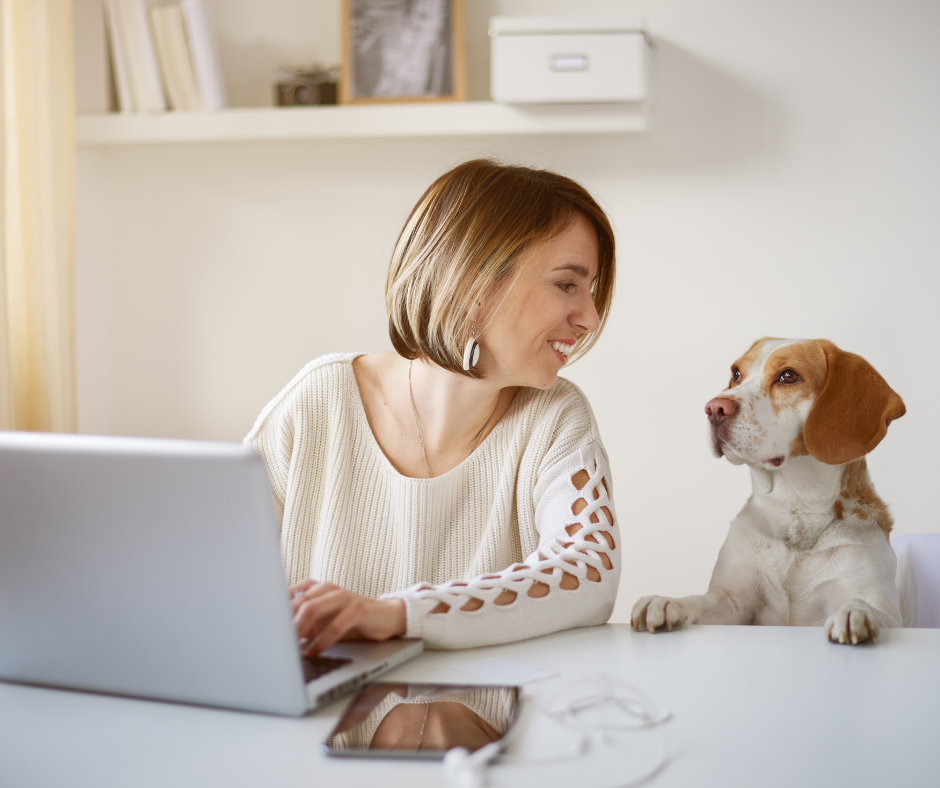 Image of a woman working from home with her dog.